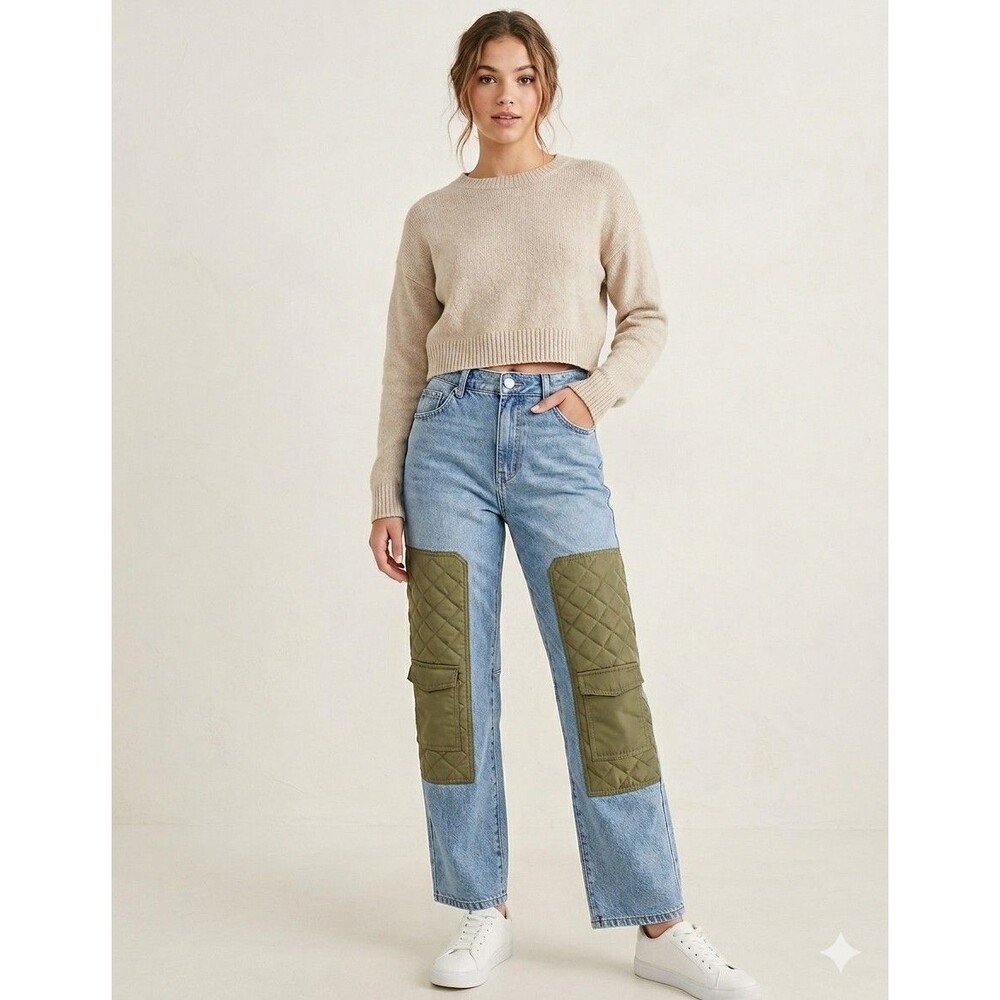 FOREVER 21 Primium Jeans Womens Straight Leg Green Quilted Cargo Patch Size 27